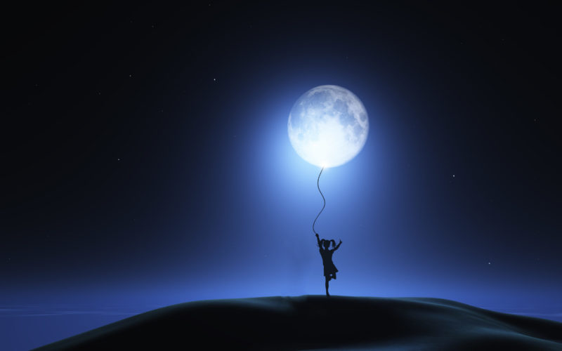 3D render of a surreal image with girl holding moon as a balloon